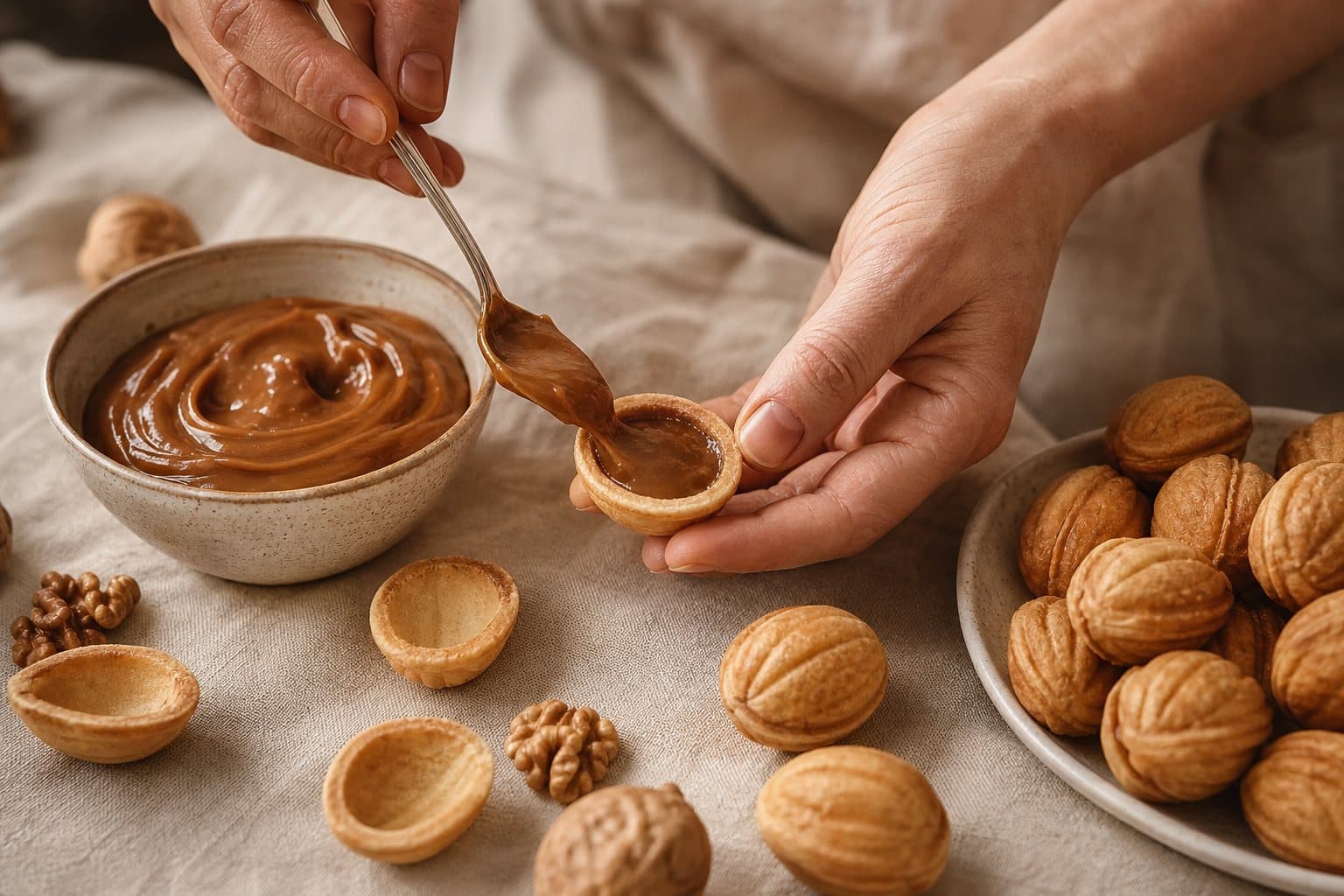 Préparation artisanale d’oreshki au caramel